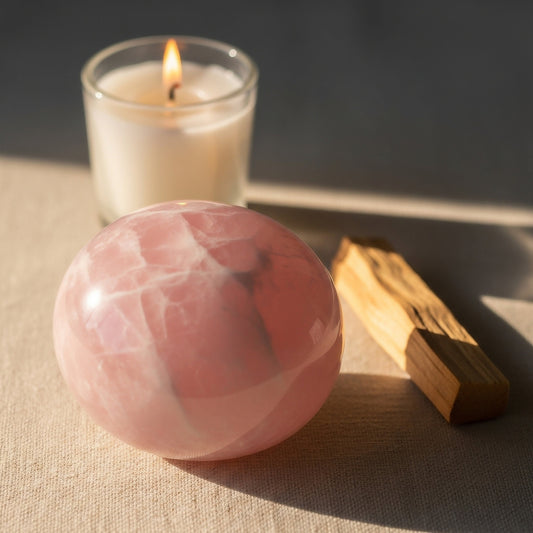 Rose quartz crystal on a soft texture with a small piece of Palo Santo and a lit candle