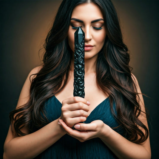 Woman that holding a Black Obsidian Crystal yoni wand in her hands