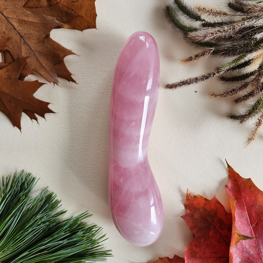 Large, curved, rose quartz crystal yoni wand with a smooth, polished finish, lying on a light surface surrounded by colorful autumn leaves and pine needles.