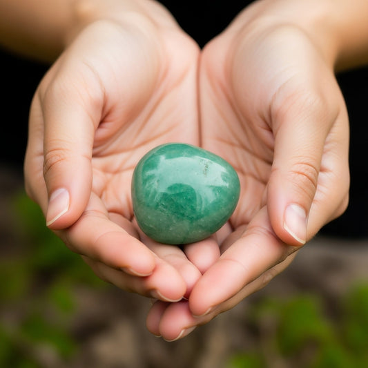 Woman holding in her hands a green aventurine crystal gem