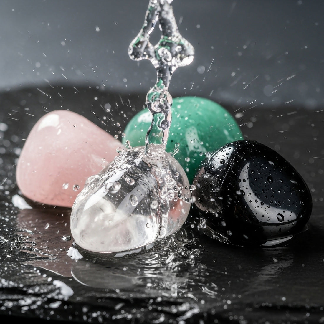 4 crystal gems, rose quartz, black obsidian, green aventurine and clear quartz that are been cleaned-up by warm water