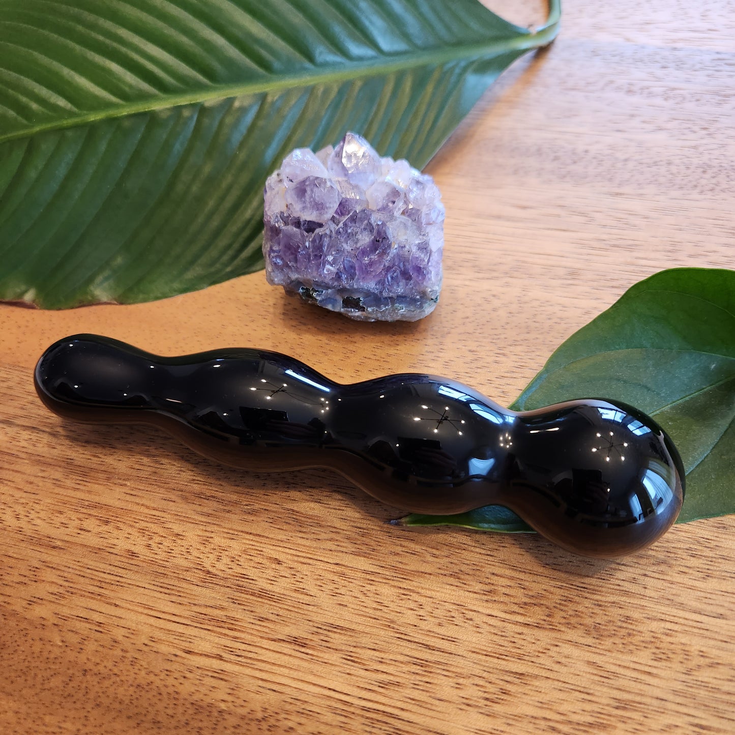 Crystal Wand Yoni Black Obsidian - beaded