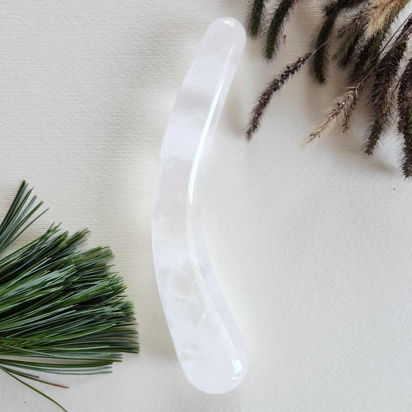 Smooth, crescent-shaped clear quartz crystal wand with a uniform thickness, lying on a light surface with pine needles and dried foliage.