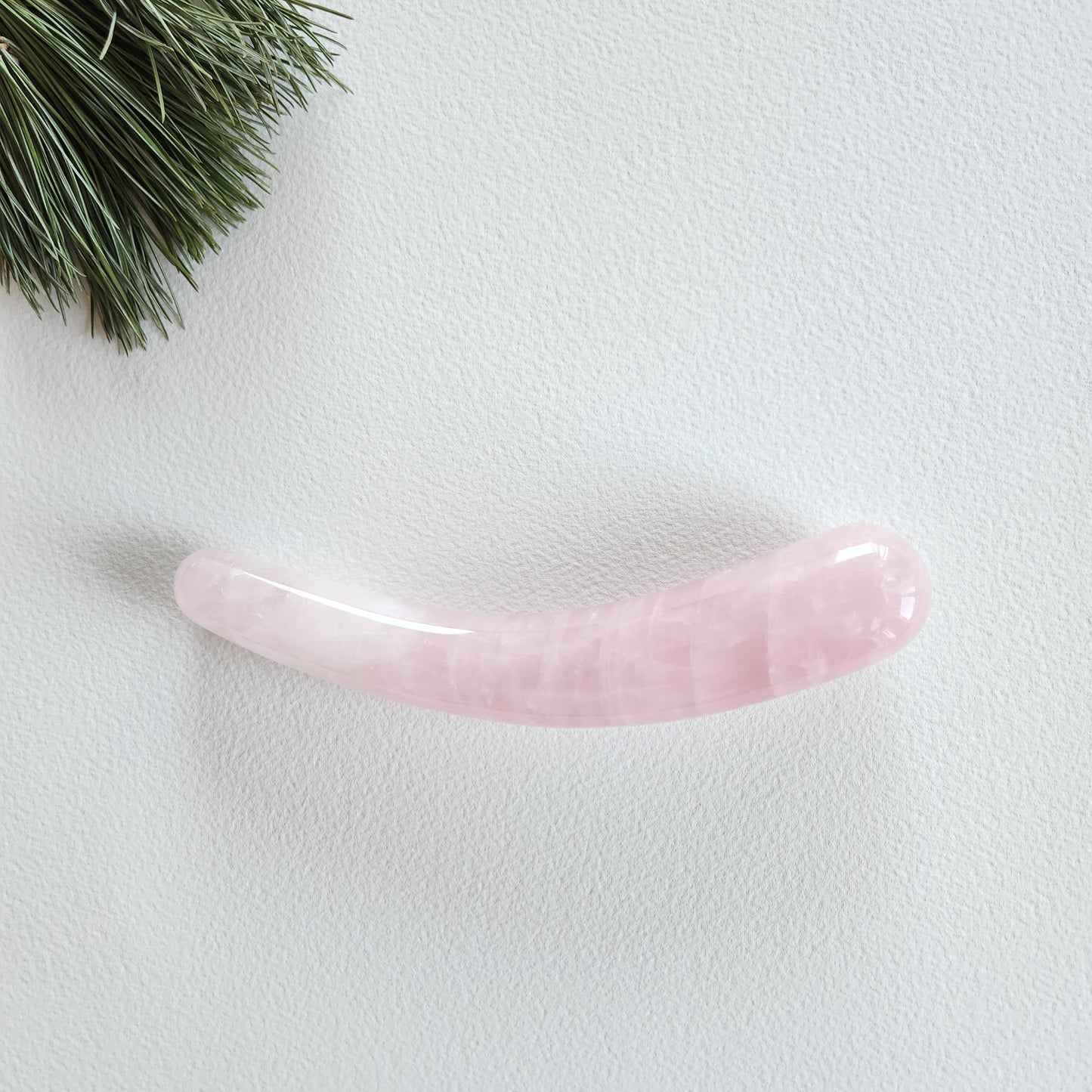 Smooth, crescent-shaped rose quartz crystal wand with a uniform thickness, lying on a white surface with pine needles and shadows from a plant.