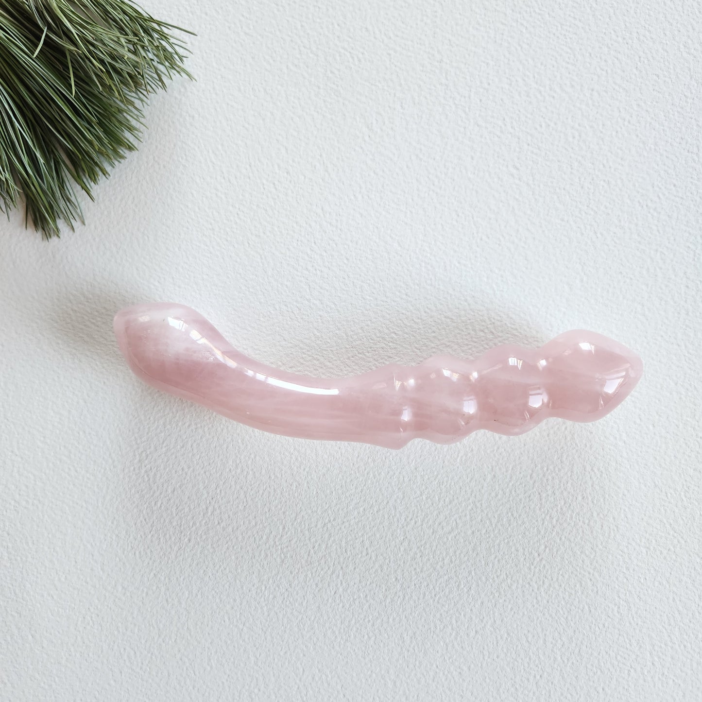 Smooth, double-ended rose quartz crystal wand with a gently curved end and a beaded or segmented end, lying on a white surface with pine needles.